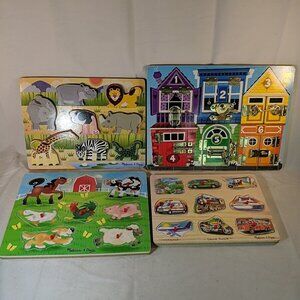 Melissa & Doug 4 Lot Wooden Sound Puzzles Safari Vehicle Farm Animals Latches